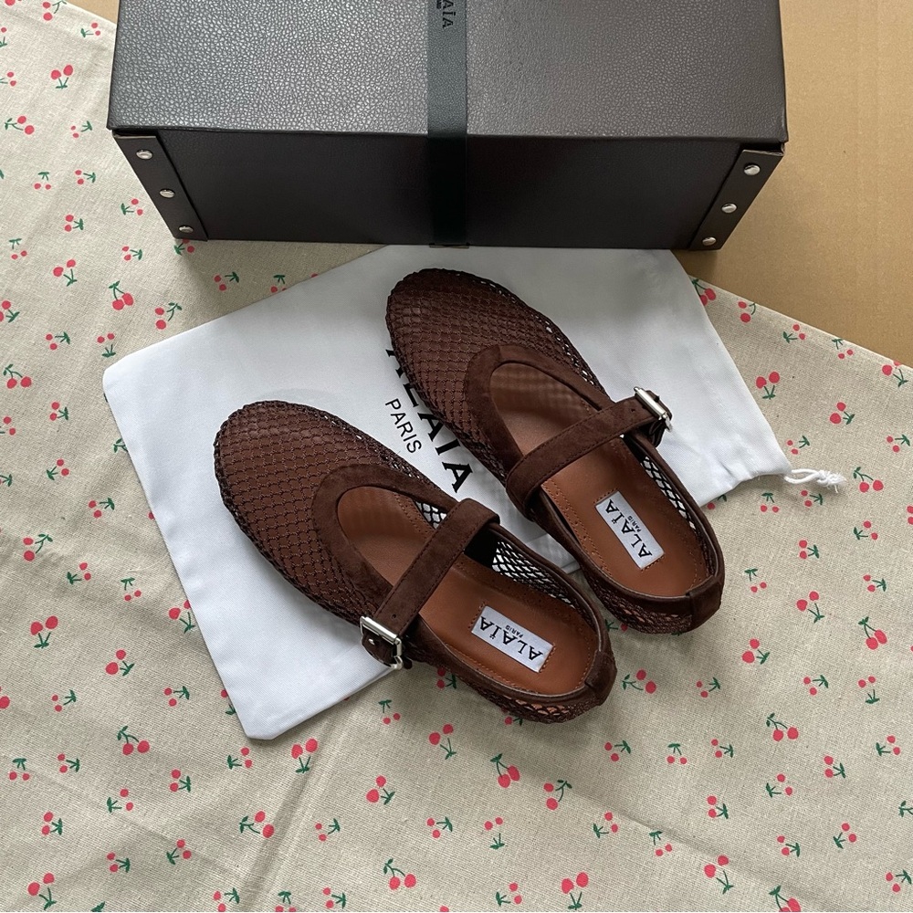 Alaia Brown Woven Mary Jane Flats with Buckle